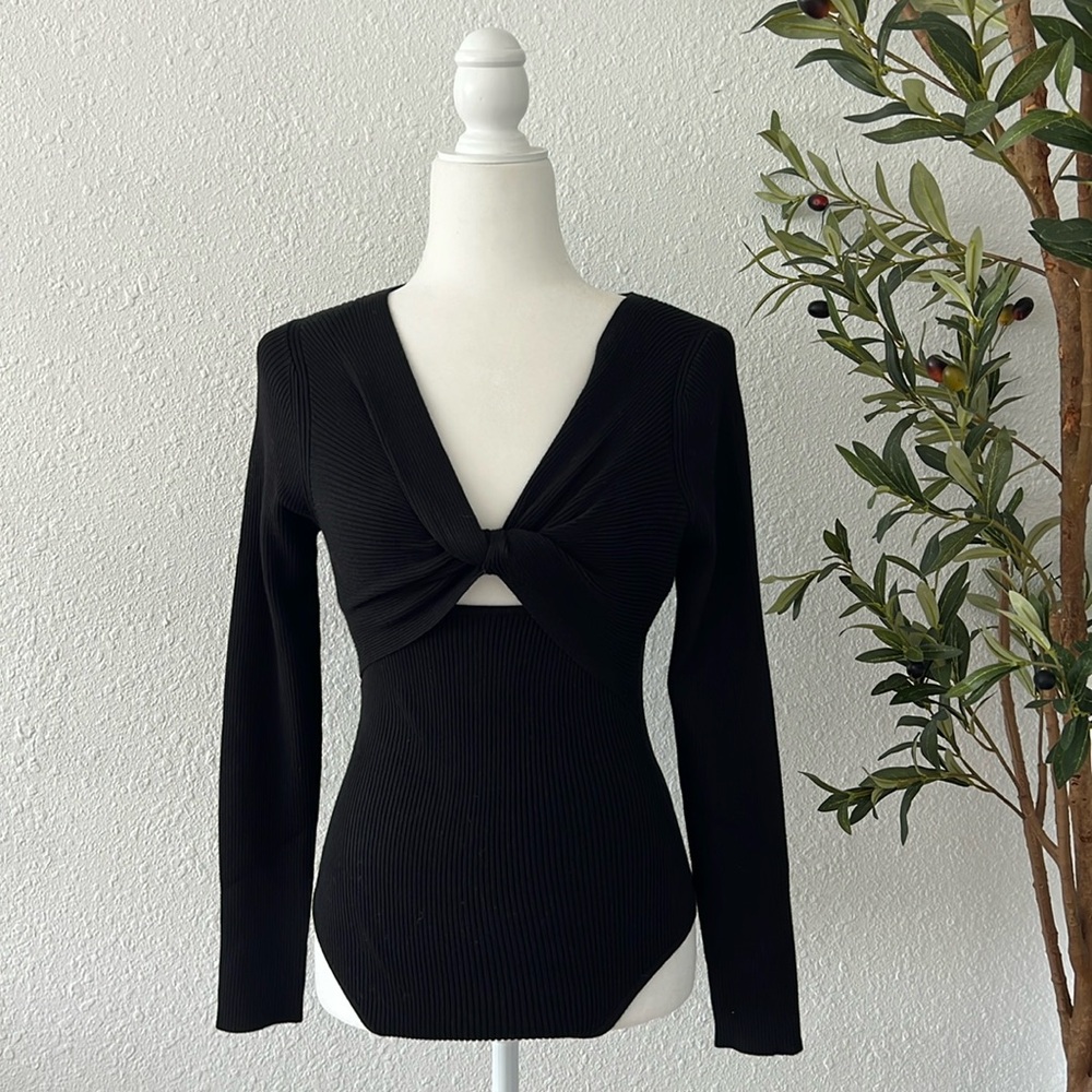 House of Harlow Black Ling Sleeve Knit Bodysuit Size Small